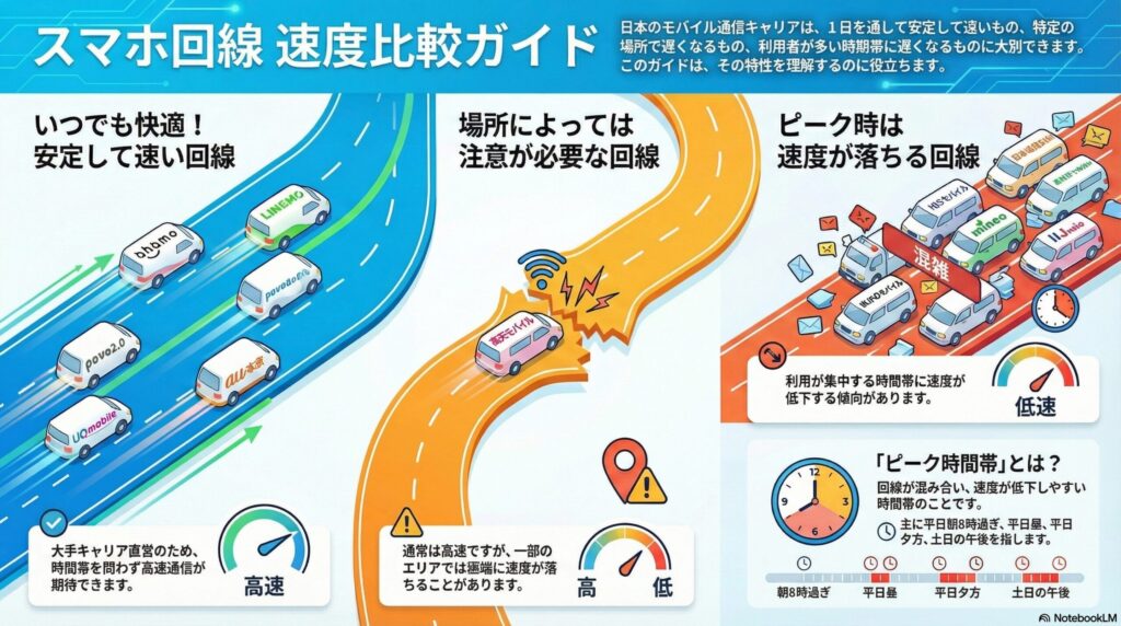 スマホ回線速度比較ガイドのインフォグラフィック。3つの特徴別に回線が分類されています。1つ目は「いつでも快適！安定して速い回線」として、ahamo、LINEMO、povo2.0、povo1.0、UQ mobile、au本家がスムーズな3車線を走行する様子と高速メーター。2つ目は「場所によっては注意が必要な回線」として、楽天モバイルが一部エリアで速度が落ちる可能性を示す亀裂のある道と中速メーター。3つ目は「ピーク時は速度が落ちる回線」として、mineo、IIJmio、HISモバイル、イオンモバイル、日本通信SIM、NUROモバイルが混雑した1車線で渋滞し、低速メーターと時計（朝8時過ぎ、平日昼、平日夕方、土日の午後）が示されています。