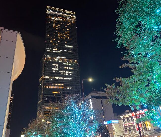 あべのハルカスを夜間に撮影した写真で、ビルの明かりが黒い夜空に浮かび上がっている。周囲の街路樹には青緑色のイルミネーションが施され、手前には商業施設の看板や街灯も写っている。