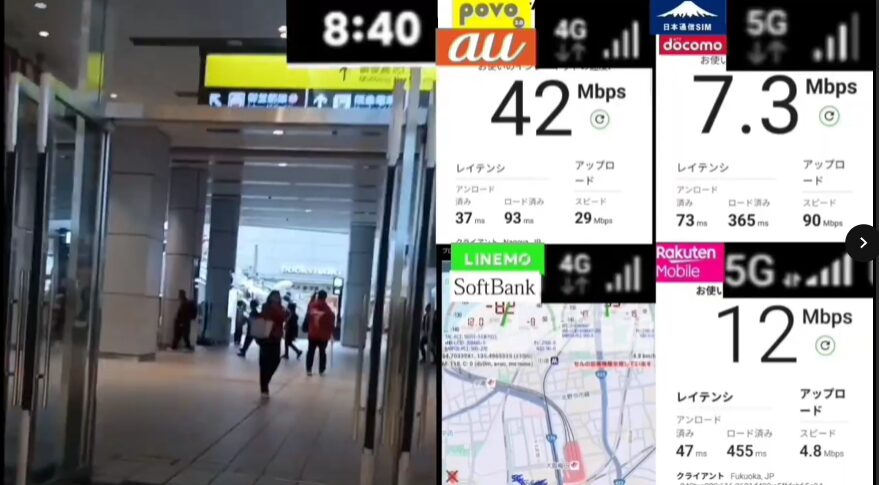 JR大阪駅中央口付近の出口に向かう通路を映した左側の映像と、右側に並んだ通信速度画面を組み合わせた画像。時刻は8時40分で、povo2.0は下り42Mbps、日本通信SIMは7.3Mbps、楽天モバイルは12Mbps、LINEMOは地図画面と電波強度が表示されている。