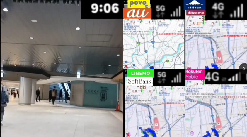 梅田駅南側通路の広いフロアを歩く人々の映像と、右側に表示された4回線の電波マップ画面を組み合わせた画像。時刻は9時06分で、povo2.0、日本通信SIM、LINEMO、楽天モバイルの地図と電波強度が並んでいる。