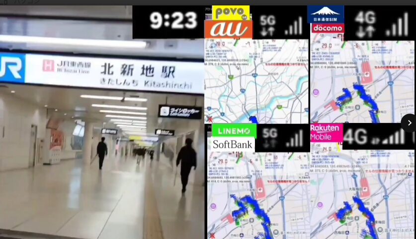 JR北新地駅の案内板が見える地下通路を歩く人々の様子と、右側に並んだ4回線の電波マップ画面を組み合わせた画像。時刻は9時23分で、povo2.0、日本通信SIM、LINEMO、楽天モバイルの地図と電波強度が表示されている。