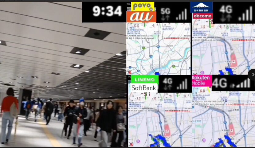 北新地駅周辺の地下通路を大勢の人々が歩く様子と、右側に表示されたpovo2.0・日本通信SIM・LINEMO・楽天モバイルの電波マップ画面を組み合わせた画像。時刻は9時34分で、各回線の電波強度と周辺地図が並んで表示されている。