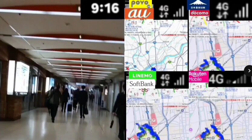 東梅田駅構内の通路を歩く人々の映像と、右側に並ぶ4回線の電波マップ画面を組み合わせた画像。時刻は9時16分で、povo2.0、日本通信SIM、LINEMO、楽天モバイルの地図と電波強度が表示されている。