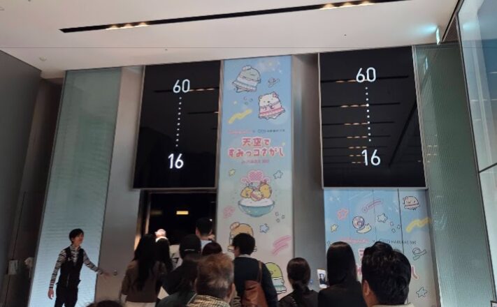 ハルカス300へ向かうエレベーター前で、多くの来場者が順番を待っている様子。中央と右側には「16F → 60F」を示す大きなデジタル表示があり、上層階へ直通することが分かる。エレベーター周辺は「すみっコぐらし」コラボの装飾が施され、キャラクターが描かれたパステルカラーのパネルが左右に配置されている。係員がドアを案内しており、観光客が次々とエレベーターへ乗り込む場面が写っている。