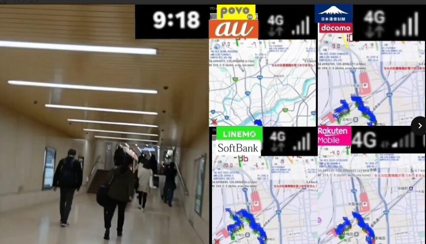 東梅田駅構内のスロープ状通路を歩く人々の様子と、右側に表示された4回線の電波マップ画面を組み合わせた画像。時刻は9時18分で、povo2.0、日本通信SIM、LINEMO、楽天モバイルの地図と電波強度が表示されている。