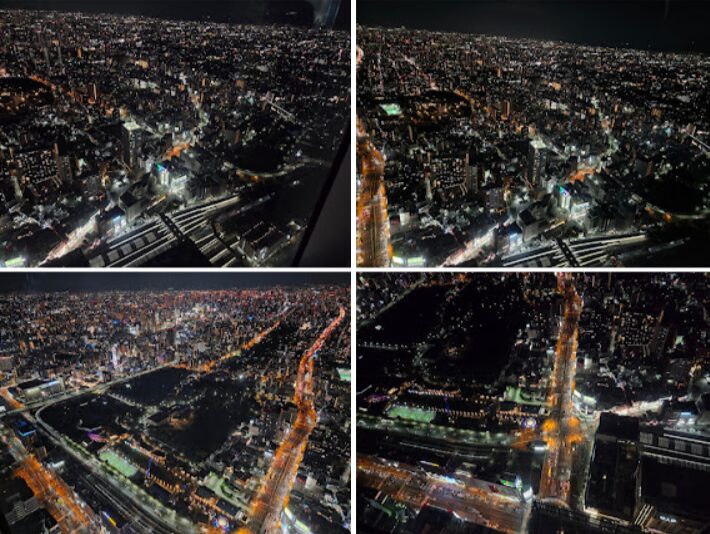 ハルカス300(展望台)から見下ろした大阪の夜景。高層からの視点で、街の光が無数の点となって広がり、道路はオレンジ色のライトで帯状に輝いている。公園や鉄道の線路も暗闇の中に浮かび上がり、街全体が立体的に見える大パノラマの夜景写真。