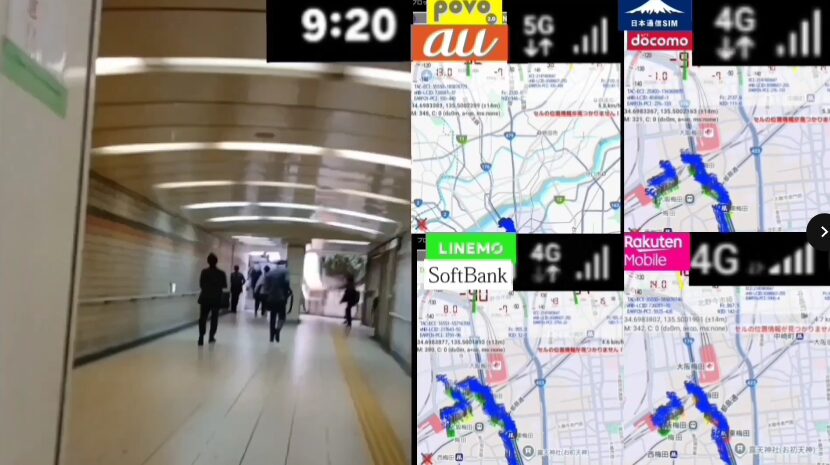 東梅田駅につながる地下通路を歩く人々の様子と、右側に並んだ4回線の電波マップ画面を組み合わせた画像。時刻は9時20分で、povo2.0、日本通信SIM、LINEMO、楽天モバイルの地図と電波強度が表示されている。