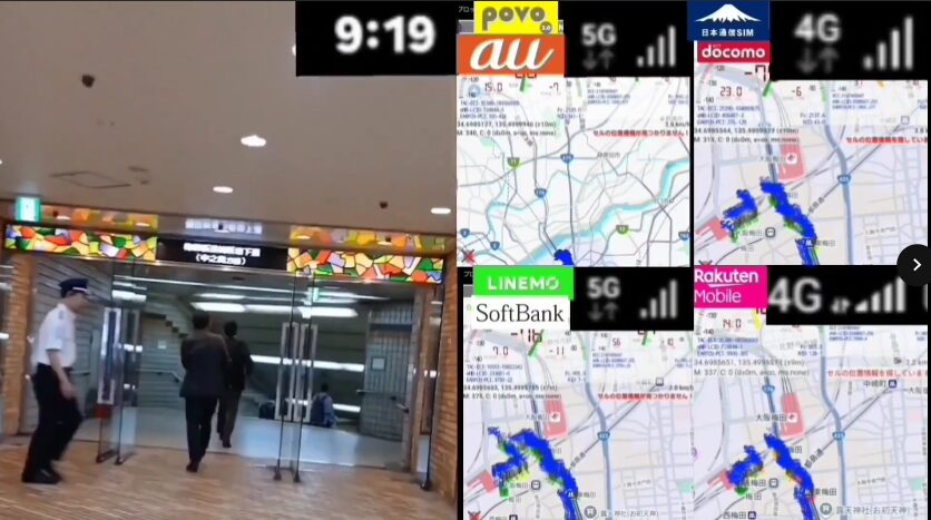 東梅田駅の地下入口前を歩く人々の様子と、右側に並んだ4回線の電波マップ画面を組み合わせた画像。時刻は9時19分で、povo2.0、日本通信SIM、LINEMO、楽天モバイルの地図と電波強度が表示されている。