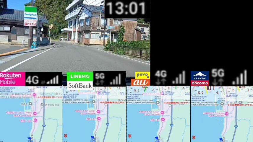 ファミリーマートの看板が見える住宅街の交差点と、周囲の民家や山の緑が写る晴天の風景と、楽天モバイル・LINEMO(5G)・povo2.0・日本通信SIM(5G)・ドコモ回線の電波状況および各回線の地図表示を並べて比較した画面