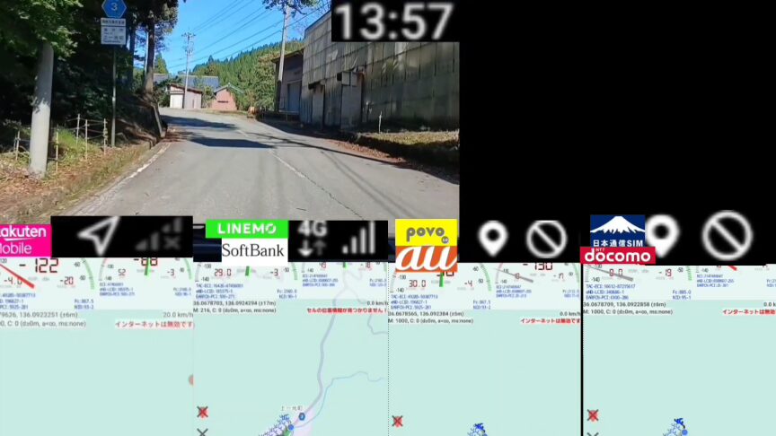 山あいの作業場や倉庫が並ぶ細い上り坂の道路と、周囲の木々と遠くに見える民家が写る静かな風景と、楽天モバイル・LINEMO・povo2.0・日本通信SIM・ドコモ回線の電波状況(圏外表示含む)および各回線の地図表示を並べて比較した画面