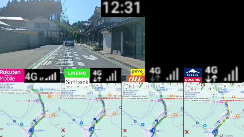 古い商店や民家が並ぶ細い生活道路を走行する車と、周囲の山林が見える風景と、楽天モバイル・LINEMO・povo2.0・日本通信SIM・ドコモ回線の電波状況および各回線の地図表示を並べて比較した画面