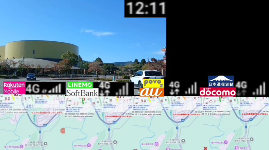 青空の下、福井県にある越前陶芸村の円形ホール風の建物と駐車場の車が写る風景と、楽天モバイル・LINEMO・povo2.0・日本通信SIM・ドコモ回線の電波状況および各回線の地図表示を並べて比較した画面