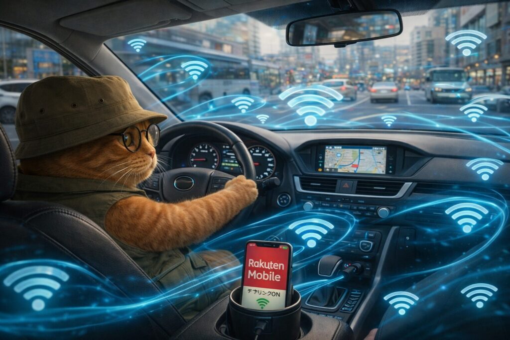 帽子を被りメガネを掛けた茶トラ猫のキャラクターが運転席に座り、車内で楽天モバイルのテザリング(車内Wi-Fi)を活用しているイメージ画像。コンソール部分には「Rakuten Mobile テザリングON」と表示されたスマートフォンが設置されており、そこから車内全体へWi-Fiの電波が広がっている様子が青い光のラインとWi-Fiアイコンのグラフィックで視覚化されている。データ無制限プランを活かして、移動中の車内を快適な通信環境に変える様子を表現した