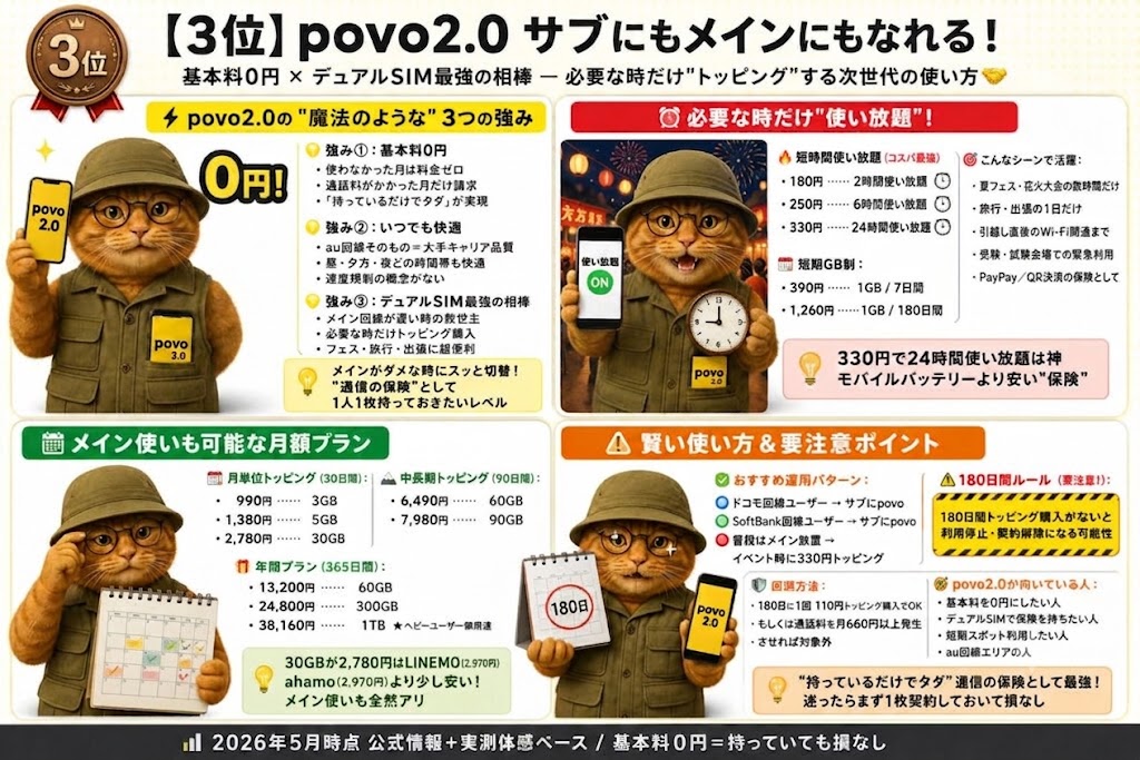 povo2.0の魅力を解説したインフォグラフィック画像。
「【3位】povo2.0 サブにもメインにもなれる!」というタイトルと共に、オレンジ色の猫のキャラクターがサービスを解説しています。
画像内の主な数値データと構成は以下の通りです:
1. **povo2.0の3つの強み**:基本料0円(使わなかった月は料金ゼロ)、au回線による快適な通信品質、デュアルSIMとしての利便性を強調。
2. **必要な時だけ使い放題(トッピング)**:
* 短時間使い放題:110円(1時間)、250円(6時間)、330円(24時間)。
* 短期GB制:390円(1GB/7日間)、1,260円(1GB/180日間)。
3. **メイン使いも可能な月額プラン**:
* 30日間:990円(3GB)、1,380円(5GB)、2,780円(30GB)。
* 90日間:6,490円(60GB)、7,980円(90GB)、9,834円(300GB)。
* 365日間:13,200円(60GB)、24,800円(300GB)、38,160円(1TB)。
* 30GBで2,780円という価格設定が、LINEMOやahamoの2,970円と比較して安いことを示唆。
4. **賢い使い方&要注意ポイント**:180日間トッピング購入がないと利用停止・契約解除になる「180日間ルール」の注意喚起と、110円トッピング等による回避方法を解説。
下部には「2026年5月時点 公式情報+実測体感ベース」との注釈があり、一次情報に基づいた内容であることを示しています。