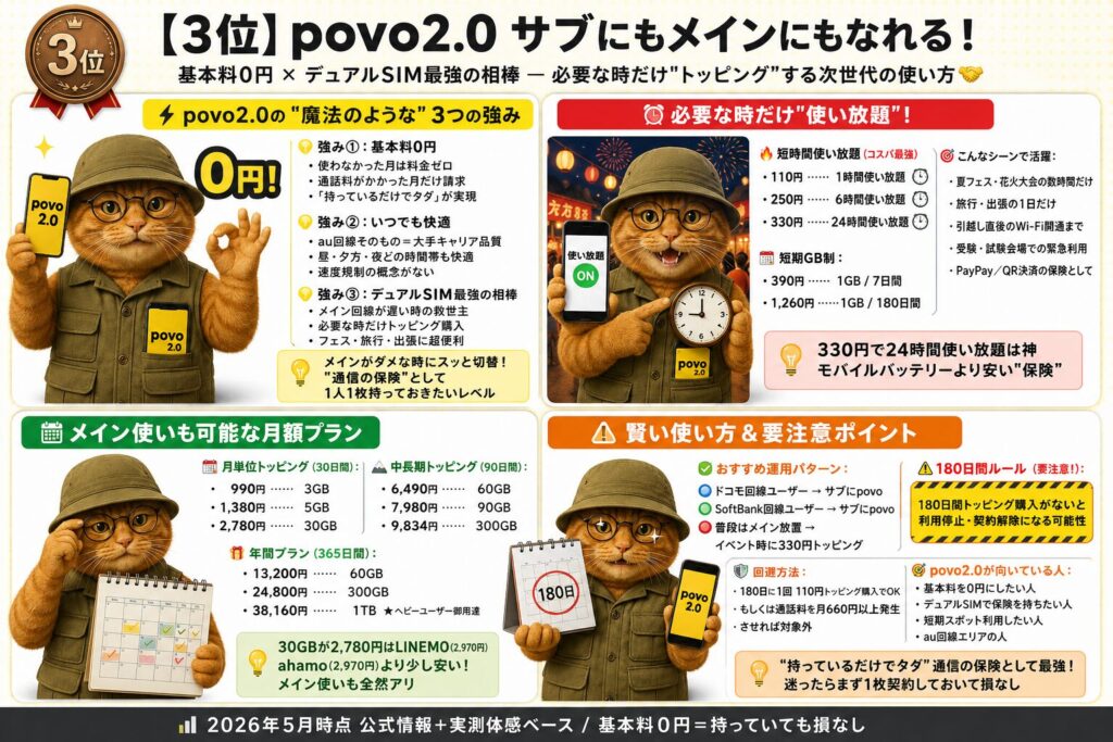 povo2.0の魅力を解説したインフォグラフィック画像。
「【3位】povo2.0 サブにもメインにもなれる！」というタイトルと共に、オレンジ色の猫のキャラクターがサービスを解説しています。

画像内の主な数値データと構成は以下の通りです：

1. **povo2.0の3つの強み**：基本料0円（使わなかった月は料金ゼロ）、au回線による快適な通信品質、デュアルSIMとしての利便性を強調。
2. **必要な時だけ使い放題（トッピング）**：
* 短時間使い放題：110円（1時間）、250円（6時間）、330円（24時間）。
* 短期GB制：390円（1GB/7日間）、1,260円（1GB/180日間）。


3. **メイン使いも可能な月額プラン**：
* 30日間：990円（3GB）、1,380円（5GB）、2,780円（30GB）。
* 90日間：6,490円（60GB）、7,980円（90GB）、9,834円（300GB）。
* 365日間：13,200円（60GB）、24,800円（300GB）、38,160円（1TB）。
* 30GBで2,780円という価格設定が、LINEMOやahamoの2,970円と比較して安いことを示唆。


4. **賢い使い方＆要注意ポイント**：180日間トッピング購入がないと利用停止・契約解除になる「180日間ルール」の注意喚起と、110円トッピング等による回避方法を解説。

下部には「2026年5月時点 公式情報＋実測体感ベース」との注釈があり、一次情報に基づいた内容であることを示しています。