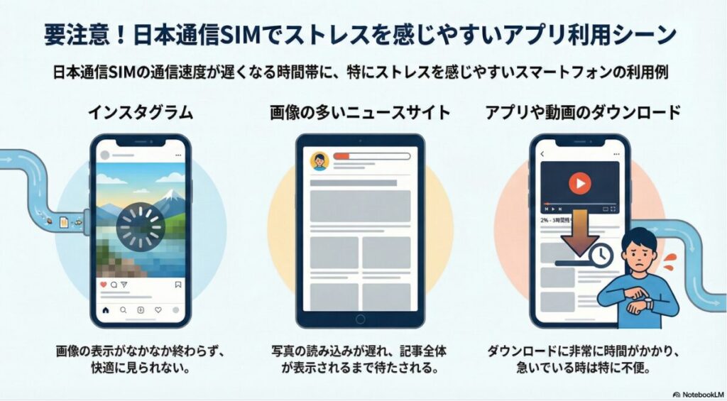 「要注意!日本通信SIMでストレスを感じやすいアプリ利用シーン」の図解。通信速度が低下する時間帯における具体的な不便な例として、インスタグラムでの「画像表示がなかなか終わらない」、ニュースサイトでの「写真の読み込みが遅れ、記事全体が表示されるまで待たされる」、アプリや動画の「ダウンロードに非常に時間がかかる」という3つのシーンを挙げている。速度低下時のリアルな使用感に基づいた注意喚起データ。