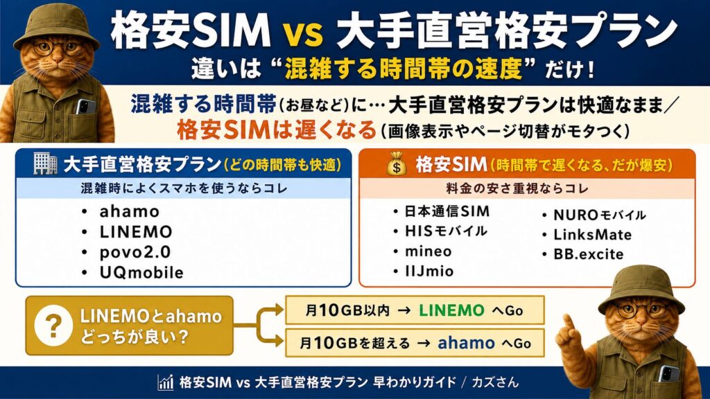 格安SIMと大手直営格安プランの違いを比較した早わかりガイド。両者の違いは「混雑する時間帯の速度」のみであり、お昼などの混雑時において大手直営格安プランは快適な一方、格安SIMは通信が遅くなる(画像表示やページ切替がモタつく)ことを説明している。どの時間帯も快適な大手直営格安プラン(ahamo、LINEMO、povo2.0、UQmobile)は混雑時によくスマホを使う人向け。時間帯で遅くなるが安価な格安SIM(日本通信SIM、HISモバイル、mineo、IIJmio、NUROモバイル、LinksMate、BB.excite)は料金の安さ重視の人向けに分類。また、月間データ容量が10GB以内ならLINEMO、10GBを超えるならahamoが適しているという選び方の目安も記載されている。