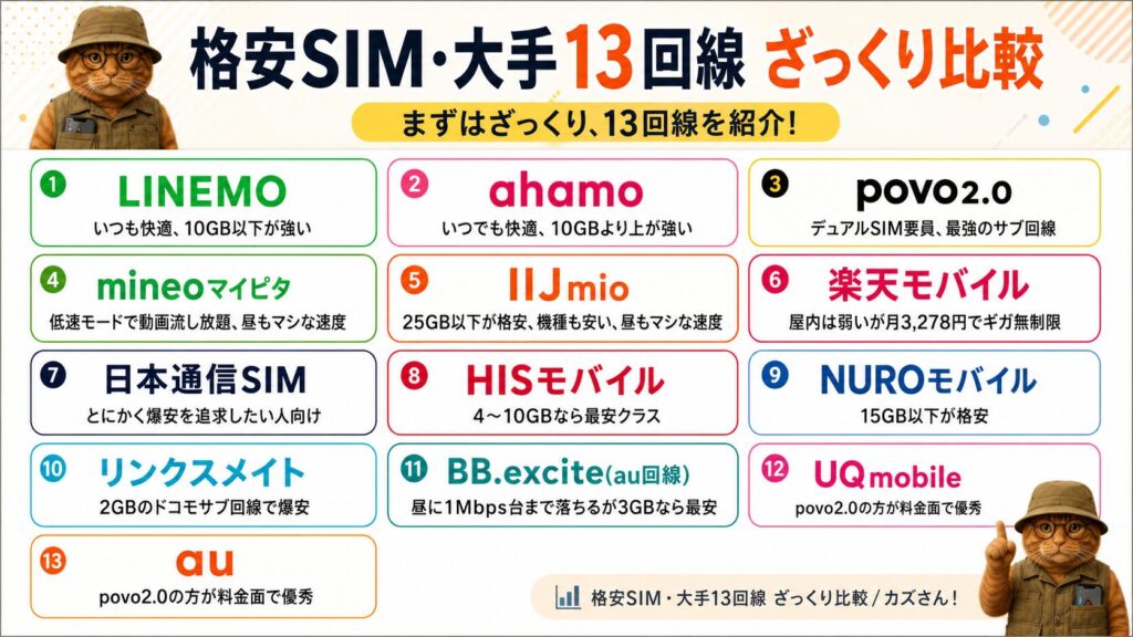 最適なスマホ回線がすぐわかる!キャリア別・特徴比較ガイドの図解。大手・サブブランドと格安SIM(MVNO)の2軸で特徴を解説しています。
【大手・サブブランド:通信品質と利便性】
・10GB以下:LINEMOが快適
・10GB以上:ahamoが強い選択肢
・楽天モバイル:「安さ」と「無制限」が魅力。月額3,278円で無制限だが、屋内での電波の弱さに注意が必要。
・povo2.0:最強のサブ回線・デュアルSIM要員。UQやauよりも料金面で優秀。
【格安SIM(MVNO):価格の安さと独自機能】
・日本通信SIM・LinksMate:「爆安」を追求。ドコモのサブ回線(2GB)に最適。
・mineo:低速モードで動画が見放題。速度制限下でも動画を流し続けたいニーズに対応。
・容量別の最安クラス:4-10GBはHISモバイル、15GB以下はNUROモバイル、25GB以下はIIJmioが割安。
【推奨キャリアの早見表】
・10GB以下の快適さ重視:LINEMO
・コスパ重視のサブ回線:povo2.0
・無制限&低価格重視:楽天モバイル(月額3,278円で使い放題)