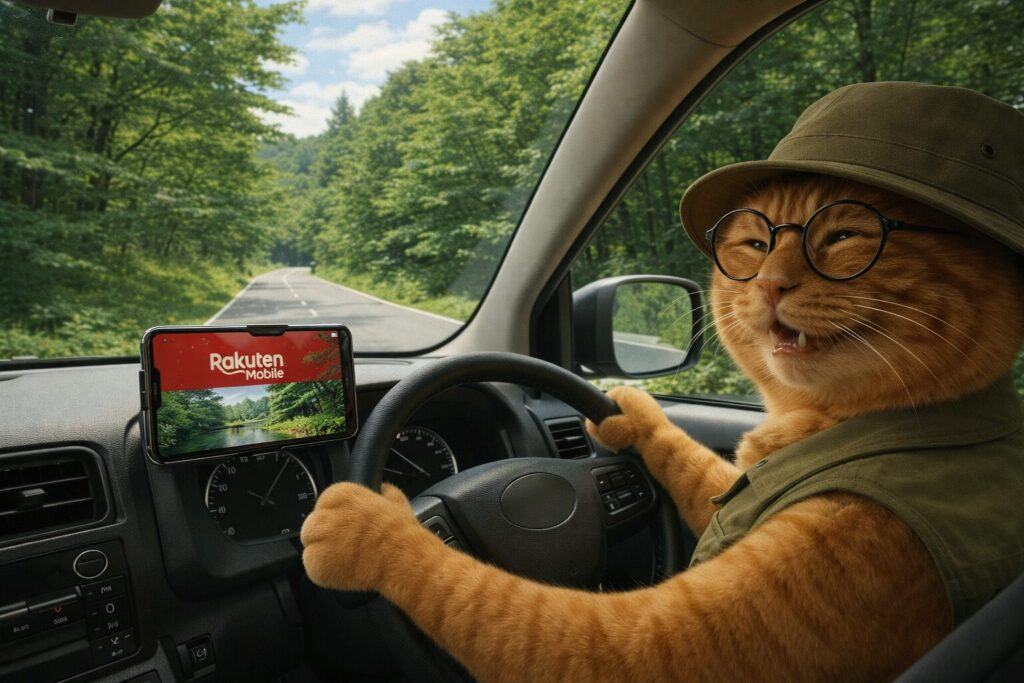新緑の並木道をドライブする、眼鏡と帽子を着用した茶トラ猫のキャラクターの画像。車のダッシュボードにはスマートフォンが固定されており、楽天モバイル(Rakuten Mobile)のロゴとともに、走行中の風景と連動した動画コンテンツが流れている。猫はハンドルを握りながら楽しげな表情を浮かべており、楽天モバイルの「最強プラン」によるデータ無制限通信を活かして、移動中も通信量を気にせずエンターテインメントを楽しめる利用シーンを表現している。
