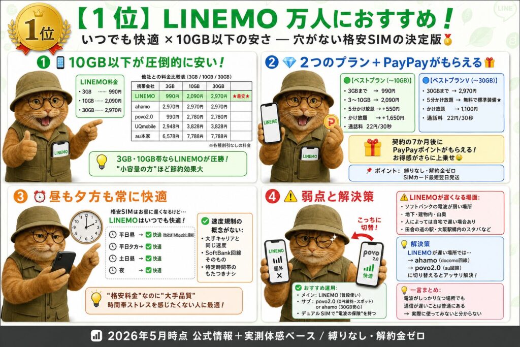 LINEMOが万人におすすめな理由をまとめた比較画像。
1.料金の安さ：LINEMOの料金（3GB 990円、10GB 2,090円、30GB 2,970円）と他社比較表。3GB/10GB/30GBの各容量で、ahamo（一律2,970円）、povo2.0（990円〜2,780円）、UQ mobile（2,948円〜3,828円）、au本家（6,578円〜7,788円）と比較し、特に小容量帯でLINEMOが最安級であることを示している。
2.プランと特典：ベストプラン（〜10GB）とベストプランV（〜30GB）の2種類を紹介。契約7か月後にPayPayポイントがもらえる特典や、5分かけ放題の有無、通話料22円/30秒などの詳細。
3.通信の快適さ：格安SIMが遅くなりやすい平日昼・夕方や土日昼・夜でも、LINEMOは常に快適であることをチェックリスト形式で解説。大手キャリアと同じSoftBank回線そのものを使用しているため、特定時間帯の速度低下がない強みを強調。
4.弱点と解決策：ソフトバンクの電波が弱い場所（地下・山間部等）では遅くなる可能性に触れ、解決策としてahamo（ドコモ回線）やpovo2.0（au回線）とのデュアルSIM運用を推奨。
下部には「2026年5月時点 公式情報＋実測体感ベース」の注釈と、オレンジ色のタキシード猫のキャラクター。