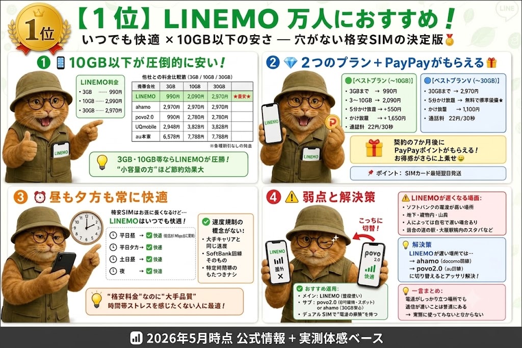 LINEMOが万人におすすめな理由をまとめた比較画像。
1.料金の安さ:LINEMOの料金(3GB 990円、10GB 2,090円、30GB 2,970円)と他社比較表。3GB/10GB/30GBの各容量で、ahamo(一律2,970円)、povo2.0(990円〜2,780円)、UQ mobile(2,948円〜3,828円)、au本家(6,578円〜7,788円)と比較し、特に小容量帯でLINEMOが最安級であることを示している。
2.プランと特典:ベストプラン(〜10GB)とベストプランV(〜30GB)の2種類を紹介。契約7か月後にPayPayポイントがもらえる特典や、5分かけ放題の有無、通話料22円/30秒などの詳細。
3.通信の快適さ:格安SIMが遅くなりやすい平日昼・夕方や土日昼・夜でも、LINEMOは常に快適であることをチェックリスト形式で解説。大手キャリアと同じSoftBank回線そのものを使用しているため、特定時間帯の速度低下がない強みを強調。
4.弱点と解決策:ソフトバンクの電波が弱い場所(地下・山間部等)では遅くなる可能性に触れ、解決策としてahamo(ドコモ回線)やpovo2.0(au回線)とのデュアルSIM運用を推奨。
下部には「2026年5月時点 公式情報+実測体感ベース」の注釈と、オレンジ色のタキシード猫のキャラクター。