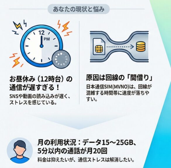 「あなたの現状と悩み」と題されたインフォグラフィック画像。左側には、12:00 PMを指す時計と読み込み中のアイコン、そして稲妻のマークが配置され、「お昼休み(12時台)の通信が遅すぎる!」という切実な悩みが記載されています。SNSや動画の読み込みが遅く、ストレスを感じている状況が示されています。
右側には、通信回線が細くなっているイラストと共に、速度低下の原因が回線の「間借り」にあることが説明されています。日本通信SIM(MVNO)は、回線が混雑する時間帯に速度が落ちやすいという性質が明示されています。下部にはユーザーの具体的な利用状況として、月のデータ使用量が15〜25GB、5分以内の通話が月20回程度であることがまとめられており、料金を抑えつつも通信ストレスを解消したいという希望が記されています。