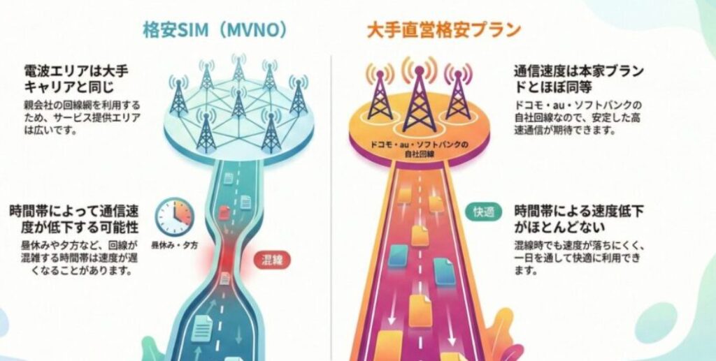 格安SIM(MVNO)と大手直営格安プラン(ahamo、povo、LINEMO等)の違いを比較したインフォグラフィック。左側の格安SIMは、大手キャリアから回線を借りているため「電波エリアは同じ」ですが、図解では昼休みや夕方のピーク時に通信路がボトルネックのように狭まり「混雑」して速度が低下する仕組みを表現しています。対して右側の大手直営格安プランは、自社回線を直接使用するため通信路が常に広く、混雑時でも速度低下がほとんどなく一日中「快適」に高速通信ができるという、一次情報の計測結果に基づいた通信品質の決定的な差を視覚的に説明しています。