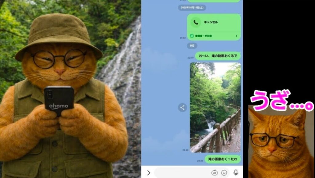 山間部の滝付近におけるahamoの利用イメージ。左側には「ahamo」のロゴが入ったスマホを操作する、帽子とメガネ姿の茶トラ猫。中央には滝の動画をLINEで送信しているトーク画面。右側には、その動画を受け取った別の茶トラ猫が、データ容量の重さに「うざ…」と困惑している表情が描かれ、ドコモ回線の山間部での強さと、ahamoの大容量プランの利便性を表現している