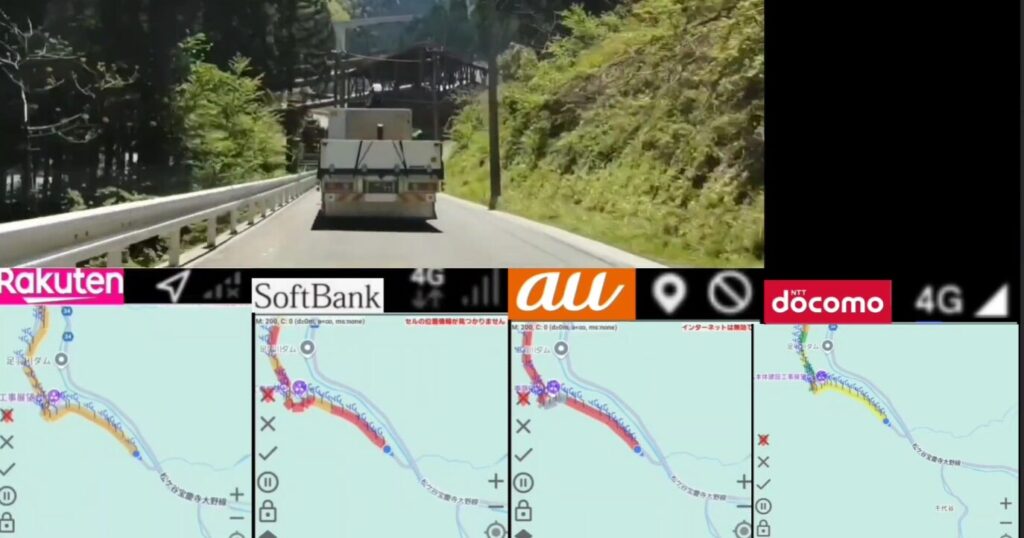 山間部の道路沿いにおけるモバイル通信キャリア3社の電波状況比較画像。上段には雪が残る山道の風景と、各キャリアのアンテナピクトが表示されている。LINEMO(SoftBank回線)は4G表示でアンテナ1本、povo(au回線)は4G表示でアンテナ0本(圏外に近い状態)、ahamo(docomo回線)は4G表示でアンテナ3本が立っており、オレンジ色の丸で強調されている。下段の走行ルートマップでは、docomo回線が安定して4G接続を維持できている地点であることが示されている。
