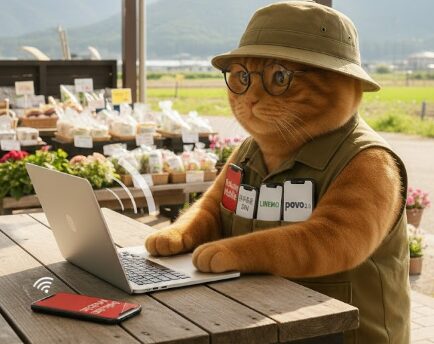 帽子とメガネを着用した茶トラ猫のキャラクターが、屋外の木製テーブルでノートパソコンを開き、ノマドワークを行っている様子。猫が着用しているベストのポケットには、「Rakuten Mobile」「日本通信SIM」「LINEMO」「povo2.0」と書かれた4台のスマートフォンが差し込まれており、複数のSIMを使い分けて検証しているブロガーとしての姿を表現している。手元のスマートフォンからはWi-Fiの電波が飛んでおり、屋外でも複数の回線を駆使して快適に作業する様子を描いた