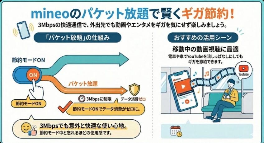 「mineoのパケット放題で賢くギガ節約！」と題されたインフォグラフィック画像。

「パケット放題Plus」の仕組み:

節約モードを「ON」に切り替えることで、通信速度が「3Mbpsに制限」される代わりに、「データ消費ゼロ」で通信できる仕組みがフロー図で示されている。

下部には「3Mbpsでも意外と快適な使い心地」「節約モード中と忘れるほどの使用感」というポジティブなユーザー評価が添えられている。

おすすめの活用シーン:

「移動中の動画視聴に最適」として、電車内でスマホを使ってYouTubeを視聴している男性のイラストが描かれている。

電車や車でYouTubeを流しっぱなしにしてもギガを節約できるメリットが強調されている。