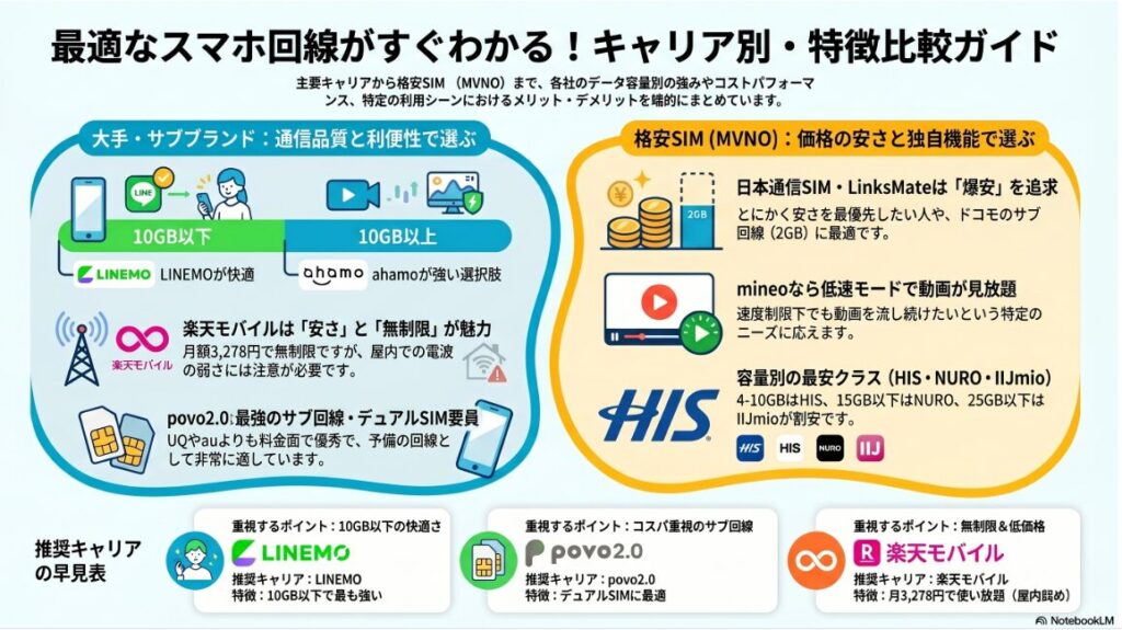 最適なスマホ回線がすぐわかる！キャリア別・特徴比較ガイドの図解。大手・サブブランドと格安SIM（MVNO）の2軸で特徴を解説しています。

【大手・サブブランド：通信品質と利便性】
・10GB以下：LINEMOが快適
・10GB以上：ahamoが強い選択肢
・楽天モバイル：「安さ」と「無制限」が魅力。月額3,278円で無制限だが、屋内での電波の弱さに注意が必要。
・povo2.0：最強のサブ回線・デュアルSIM要員。UQやauよりも料金面で優秀。

【格安SIM（MVNO）：価格の安さと独自機能】
・日本通信SIM・LinksMate：「爆安」を追求。ドコモのサブ回線（2GB）に最適。
・mineo：低速モードで動画が見放題。速度制限下でも動画を流し続けたいニーズに対応。
・容量別の最安クラス：4-10GBはHISモバイル、15GB以下はNUROモバイル、25GB以下はIIJmioが割安。

【推奨キャリアの早見表】
・10GB以下の快適さ重視：LINEMO
・コスパ重視のサブ回線：povo2.0
・無制限＆低価格重視：楽天モバイル（月額3,278円で使い放題）