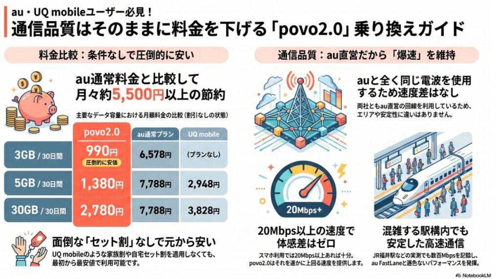 au・UQ mobileユーザー必見！通信品質はそのままに料金を下げる「povo2.0」乗り換えガイドの比較画像。

【料金比較：条件なしで圧倒的に安い】
au通常料金と比較して月々約5,500円以上の節約が可能。主要なデータ容量における月額料金（割引なし）の比較表では、3GB/30日間でpovo2.0は990円（au通常プランは6,578円）、5GB/30日間でpovo2.0は1,380円（au通常プラン7,788円、UQ mobile 2,948円）、30GB/30日間でpovo2.0は2,780円（au通常プラン7,788円、UQ mobile 3,828円）となっている。UQ mobileのような家族割や自宅セット割を適用しなくても、最初から最安値で利用可能。

【通信品質：au直営だから「爆速」を維持】
auと全く同じ電波を使用するため速度差はなく、エリアや安定性に違いはない。スマホ利用で十分な20Mbps以上の速度を遥かに上回る速度を提供。混雑する駅構内でも安定した高速通信が可能で、JR福井駅などの実測でも数百Mbpsを記録し、au FastLaneと遜色ないパフォーマンスを発揮する。