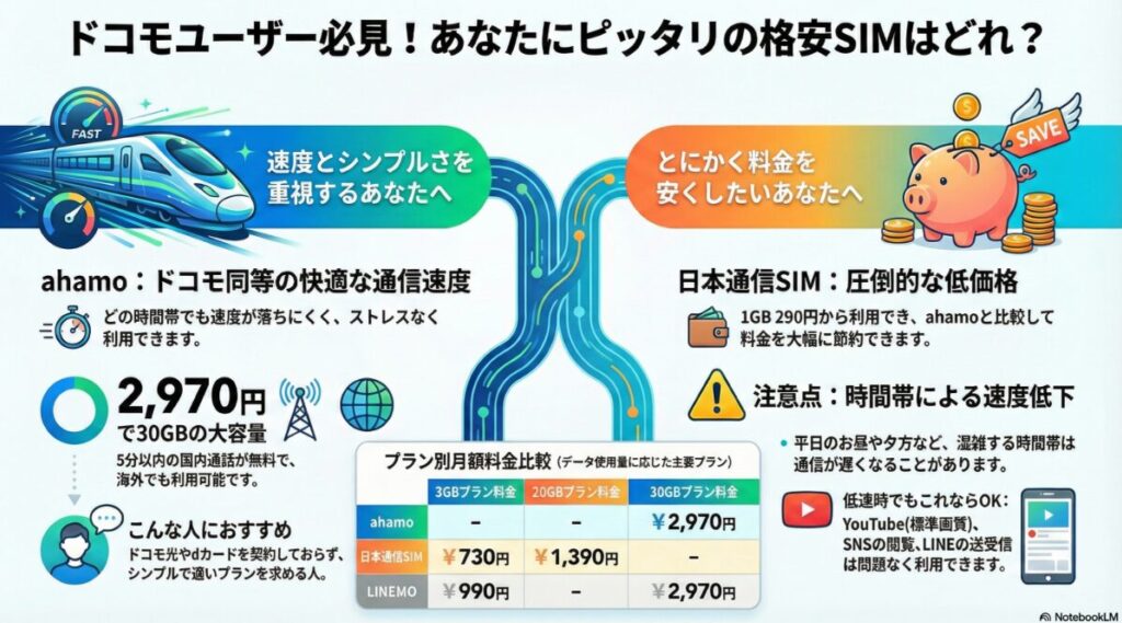 「ドコモユーザー必見!あなたにピッタリの格安SIMはどれ?」と題した、ahamoと日本通信SIMの比較図解。速度とシンプルさを重視する人にはahamoを推奨し、ドコモと同等の通信速度で30GB 2,970円(5分以内通話無料、海外利用可)という特徴を提示。一方、とにかく料金を安くしたい人には日本通信SIMを推奨し、1GB 290円からの圧倒的低価格をアピールしている。併せて、プラン別の月額料金比較表(3GBプラン:日本通信SIM 730円 / LINEMO 990円、20GBプラン:日本通信SIM 1,390円、30GBプラン:ahamo・LINEMO 2,970円)を掲載。日本通信SIMについては「平日お昼や夕方の速度低下」という注意点を挙げつつ、低速時でもYouTube(標準画質)やSNS、LINEの送受信は問題なく利用できるという補足情報を加えた、一次情報に基づく比較ガイド。