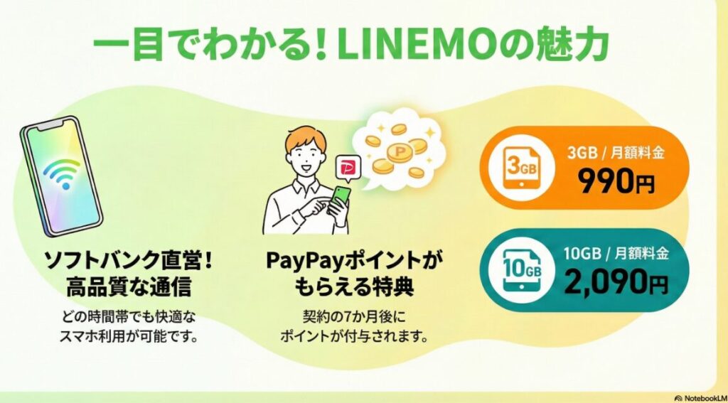 「一目でわかる!LINEMOの魅力」と題した図解イラスト。主なメリットとして、ソフトバンク直営による「高品質な通信」でどの時間帯でも快適に利用できること、および「PayPayポイントがもらえる特典」として契約の7か月後にポイントが付与されることを提示。料金面では「3GB / 月額料金 990円」と「10GB / 月額料金 2,090円」の2つの主要なプラン設定を明示しており、通信品質とコストパフォーマンスのバランスに優れたサービスであることを示している。