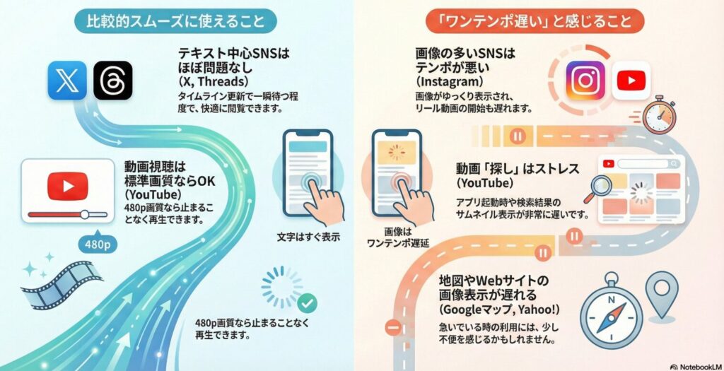 格安SIM（日本通信SIMなど）の利用シーン別体感速度の図解
「比較的スムーズに使えること」と「『ワンテンポ遅い』と感じること」を左右に並べて比較した解説図。

左側のスムーズな例では、XやThreadsなどの「テキスト中心SNS」、YouTubeの「480p標準画質での動画視聴」、「文字情報の素早い表示」を挙げ、これらは止まることなく快適に利用できることを示している。

右側のストレスを感じやすい例では、Instagramなど「画像の多いSNS（表示がゆっくり、リール開始が遅れる）」、YouTubeでの「動画探し（サムネイル表示が遅い）」、GoogleマップやYahoo!などの「地図やWebサイトの画像表示の遅れ」を提示。

通信速度が低下する時間帯やサービスにおいて、何ができて何に時間がかかるのかを視覚的に整理し、実際の利用者の体感に基づいた注意点をまとめた一次情報データ。