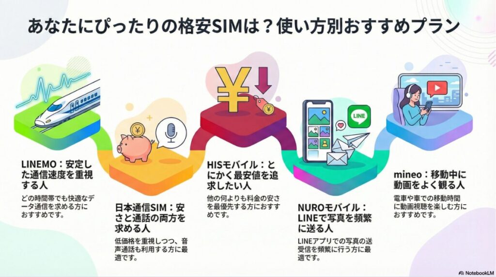 使い方別おすすめ格安SIMプランの比較図 ユーザーの利用目的に合わせたおすすめの格安SIMをまとめた図解。安定した速度のLINEMO、安さと通話の日本通信SIM、最安値追求のHISモバイル、LINE利用重視のNUROモバイル、移動中の動画視聴に最適なmineoと、それぞれの強みが視覚的に整理されている。