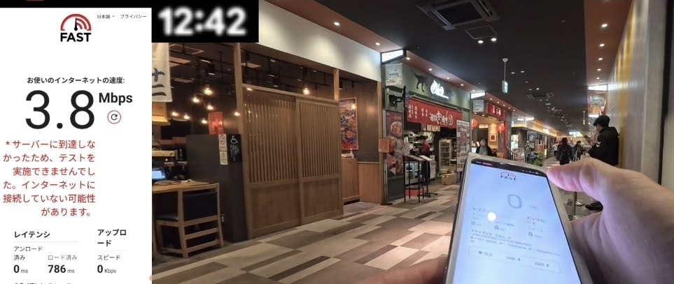 ランチタイムで混雑している駅構内(12:42時点)における通信速度計測画像。右側には、https://www.google.com/search?q=%E5%AE%9F%E9%9A%9B%E3%81%AB%E3%82%B9%E3%83%9E%E3%83%BC%E3%83%88%E3%83%95%E3%82%A9%E3%83%B3%E3%82%92%E6%89%8B%E3%81%AB%E6%8C%81%E3%81%A1FAST.comで計測している様子が写っている。
左側の計測結果画面では、ダウンロード速度「3.8Mbps」を記録。しかし、その下には赤文字で「サーバーに到達しなかったため、テストを実施できませんでした。インターネットに接続していない可能性があります。」というエラーメッセージが表示されている。詳細データでは、レイテンシ(ロード済み)が786msと非常に高く、アップロード速度は0Kbps(計測不能)となっており、極めて不安定な通信状況であることが数値とエラー文によって示されている。