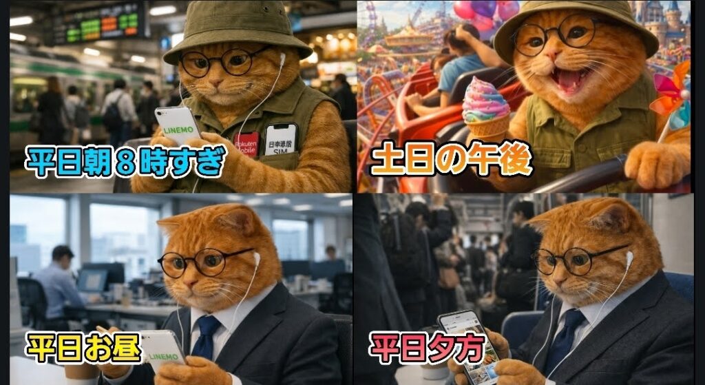 4分割された画像。それぞれのパネルで、眼鏡をかけた茶トラ猫のキャラクターが異なるシチュエーションでスマホを利用している様子が描かれています。
・左上:駅のホームのような場所で「平日朝8時すぎ」のテロップ。猫は帽子とベストを着用し、イヤホンで音楽を聴きながらLINEMOのロゴが入ったスマホを操作しています。 ・右上:遊園地のアトラクションに乗っているシーンで「土日の午後」のテロップ。猫は笑顔でソフトクリームを持ちながら楽しんでいます。 ・左下:オフィスビル内のような場所で「平日お昼」のテロップ。猫はスーツとネクタイ姿になり、真剣な表情でLINEMOのスマホを見つめています。 ・右下:混雑した電車内のような場所で「平日夕方」のテロップ。スーツ姿の猫が、画面に画像が並ぶSNSかブラウザのようなサイトをチェックしています。
