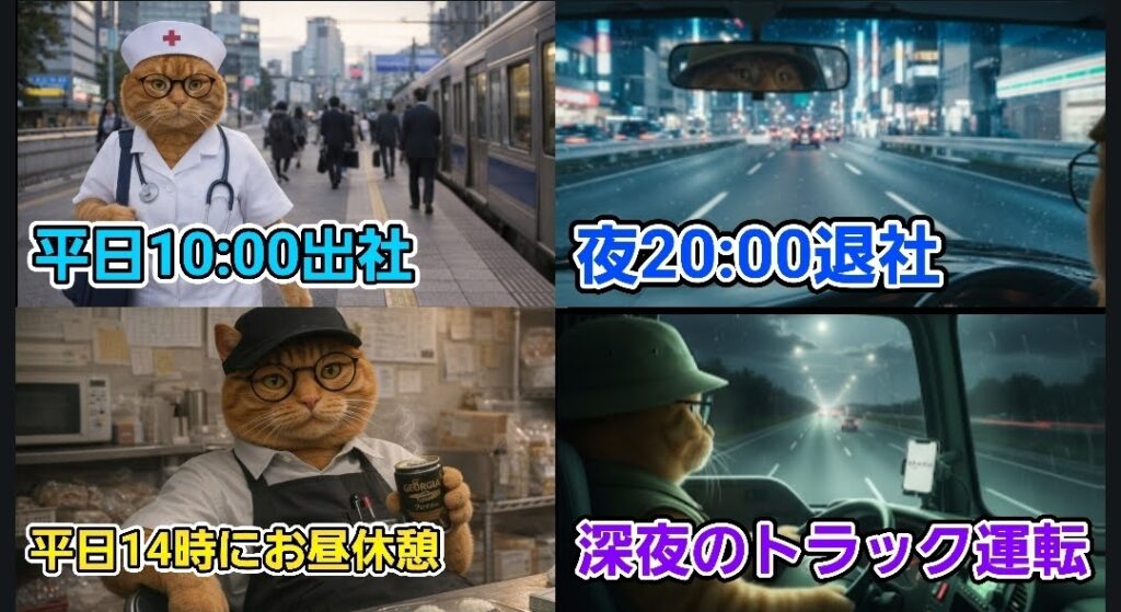 4分割された画像。それぞれのパネルで、眼鏡をかけた茶トラ猫のキャラクターが異なる職業やシチュエーションで活動している様子が描かれています。
・左上:駅のホームを歩く「平日10:00出社」のテロップ。猫はナースキャップと白衣を身に着け、首から聴診器を下げています。 ・右上:夜の街を走行する車のフロントガラス越しに映る「夜20:00退社」のテロップ。ルームミラーには帽子を被った猫の目が映り込んでいます。 ・左下:厨房のような場所で「平日14時にお昼休憩」のテロップ。猫は黒い帽子とエプロンを着用し、缶コーヒーを手にして一息ついています。 ・右下:夜間の高速道路を走る運転席からの視点で「深夜のトラック運転」のテロップ。帽子を被った猫がハンドルを握り、ダッシュボードのホルダーにはスマホが設置されています。