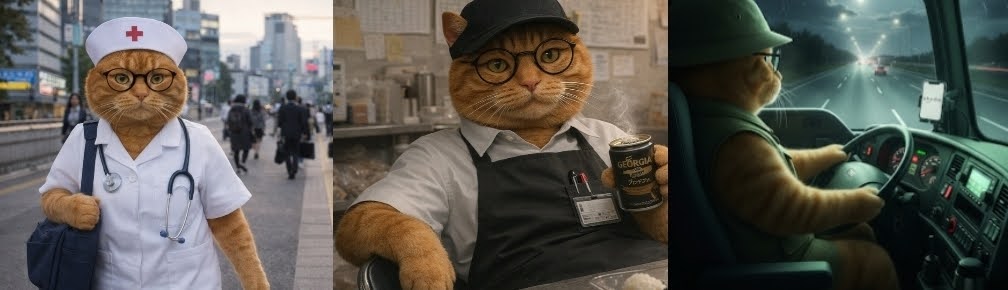 ・左:駅のホームを歩くナース姿の猫。ナースキャップと白衣を身に着け、首には聴診器を下げ、肩には紺色のバッグを掛けています。背景には通勤・通学中と思われる人々の姿がぼかして描かれています。 ・中央:厨房のような場所で休憩する店員姿の猫。黒い帽子とエプロンを着用し、左手に缶コーヒー、胸ポケットにはペンを差し、名札を付けています。 ・右:夜間の高速道路を走行するトラックの運転席に座る猫。帽子を被り、真剣な表情でハンドルを握っています。ダッシュボードのホルダーにはスマートフォンが設置されており、フロントガラス越しに続く道路の灯りが描かれています。