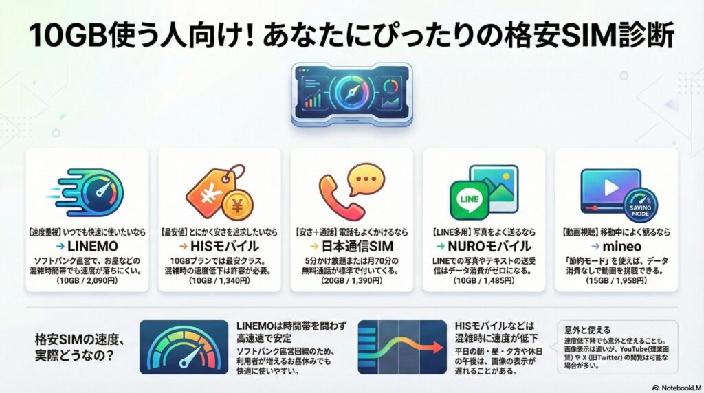10GB利用ユーザー向け格安SIM診断チャート 10GB程度を利用するユーザー向けに、5つの格安SIM（LINEMO、HISモバイル、日本通信SIM、NUROモバイル、mineo）の特徴を比較した図解。速度重視のLINEMO（2,090円）から、最安クラスのHISモバイル（1,340円）、通話込みの日本通信SIM（20GB/1,390円）など、具体的な料金とおすすめポイントが網羅されている。また、混雑時の速度低下に関する一次情報への言及も含まれている。