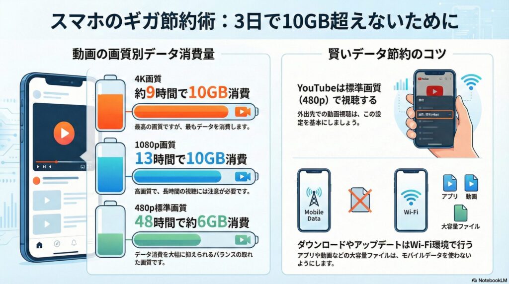 動画画質別のデータ消費量と節約のコツ解説図 動画の画質によるデータ消費量の違いを解説したインフォグラフィック。4K画質では約9時間で10GB消費するのに対し、480p標準画質では48時間で約6GB消費することを具体的な数値で示している。また、賢い節約術として、YouTubeを480pで視聴することや、大容量ファイルのダウンロードをWi-Fi環境で行うことを提案している。
