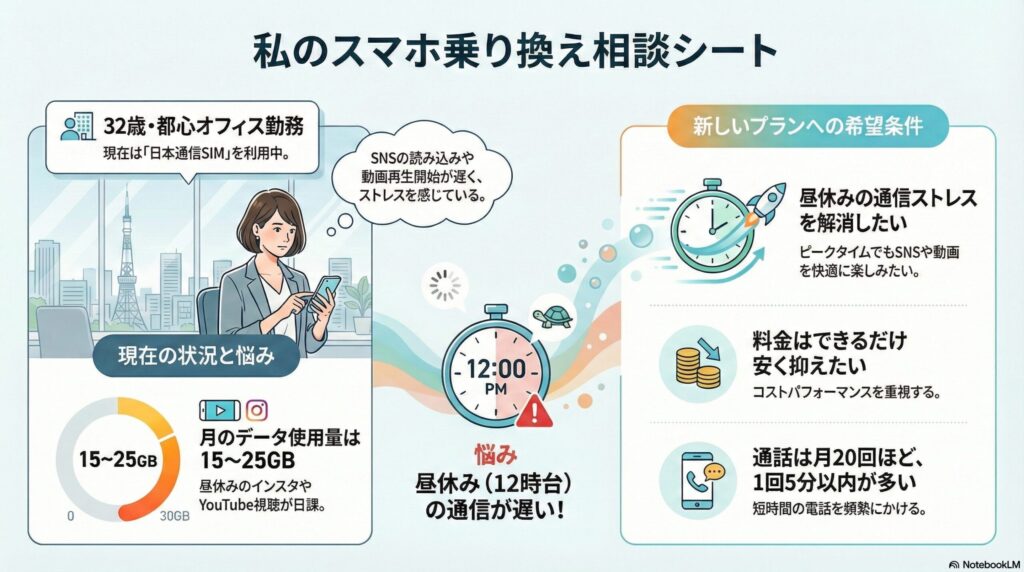 「私のスマホ乗り換え相談シート」と題されたインフォグラフィック画像。左側には「現在の状況と悩み」として、32歳都心オフィス勤務の女性が日本通信SIMを利用中で、12時台の昼休みにSNSや動画の読み込みが遅いことにストレスを感じている様子が描かれています。月のデータ使用量は15〜25GBで、円グラフで視覚化されています。中央には、12:00 PMを指す時計とカメ、読み込み中のアイコン、警告マークが配置され、「悩み:昼休み(12時台)の通信が遅い!」というテキストが強調されています。右側には「新しいプランへの希望条件」として、昼休みの通信ストレス解消、コストパフォーマンス重視の低料金、月20回程度(1回5分以内)の頻繁な短時間通話への対応という3つのポイントが、ロケット、コイン、スマートフォンのアイコンと共に詳しく記載されています。