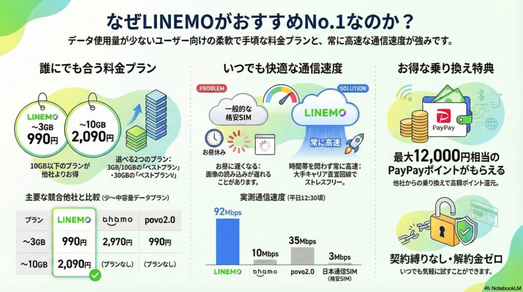 LINEMOのサービス特徴とおすすめ理由の解説画像。料金プランは3GBで990円、10GBで2,090円と他社よりお得な設定であることを強調。実測通信速度(平日12:30頃)の比較グラフでは、LINEMOが92Mbpsを記録し、ahamo(10Mbps)、povo2.0(35Mbps)、日本通信SIM(3Mbps)を大きく上回る数値を提示。特典として最大12,000円相当のPayPayポイント還元や、契約縛り・解約金ゼロであることも記載。