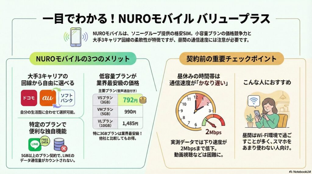 NUROモバイル バリュープラスの特徴をまとめた解説画像。 左側の「3つのメリット」では、ドコモ・au・ソフトバンクの3キャリア回線から自由に選べる点、主要プランの月額料金(VSプラン3GB:792円、VMプラン5GB:990円、VLプラン10GB:1,485円)が業界最安級である点、5GB以上の契約でLINEのデータ通信量がカウントフリーになる独自機能が紹介されています。 右側の「重要チェックポイント」では、昼休みの時間帯に下り速度が2Mbpsまで低下する実測データが時計とスピードメーターのイラストで示されており、「動画視聴などは困難に」と注意を促しています。昼間はWi-Fi環境にいる人やスマホをあまり使わない人向けであると結論づけています。