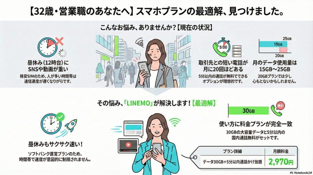 「【32歳・営業職のあなたへ】スマホプランの最適解、見つけました。」というキャッチコピーの比較画像。上段の「現在の状況」では、12時台の通信が重い悩み、取引先との月20回ほどの短い電話、15GB〜25GBのデータ使用量により20GBプランでは不足する懸念が示されています。下段の「最適解」では、ソフトバンク直営のLINEMOにより、昼休みも速度制限なく快適に利用できること、30GBの大容量データと5分以内の国内通話無料がセットになったプランが紹介されています。右下にはプラン詳細として「データ30GB+5分以内通話かけ放題」、月額料金「2,970円」という具体的な数値が表で明示されています。