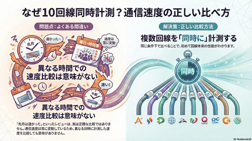 なぜ10回線同時計測？通信速度の正しい比べ方について解説した図解画像。左側には「問題点：よくある間違い」として、先月の時計と今朝の時計を比較し、曜日や時間帯によって速度が変動するため「異なる時間での速度比較は意味がない」という注意点が描かれています。右側には「解決策：正しい比較方法」として、ストップウォッチを中心に10種類の異なる通信サービスのロゴがつながった光ファイバーが並び、複数回線を「同時に」計測することで、同じ条件下での回線本来の性能がわかることを示しています。下部には、通信速度は常に変動するため、異なる日時に計測した速度を比較しても正確なレビューにはならないという補足説明があります。