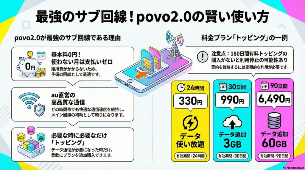 「最強のサブ回線!povo2.0の賢い使い方」と題した解説画像。基本料0円で維持費がかからない点や、au直営の高品質な通信、必要な時だけ購入する「トッピング」の仕組みを説明している。トッピング例として、24時間データ使い放題330円、30日間3GBで990円、90日間60GBで6,490円などを紹介し、180日間未購入による利用停止の注意点も併記されている。
