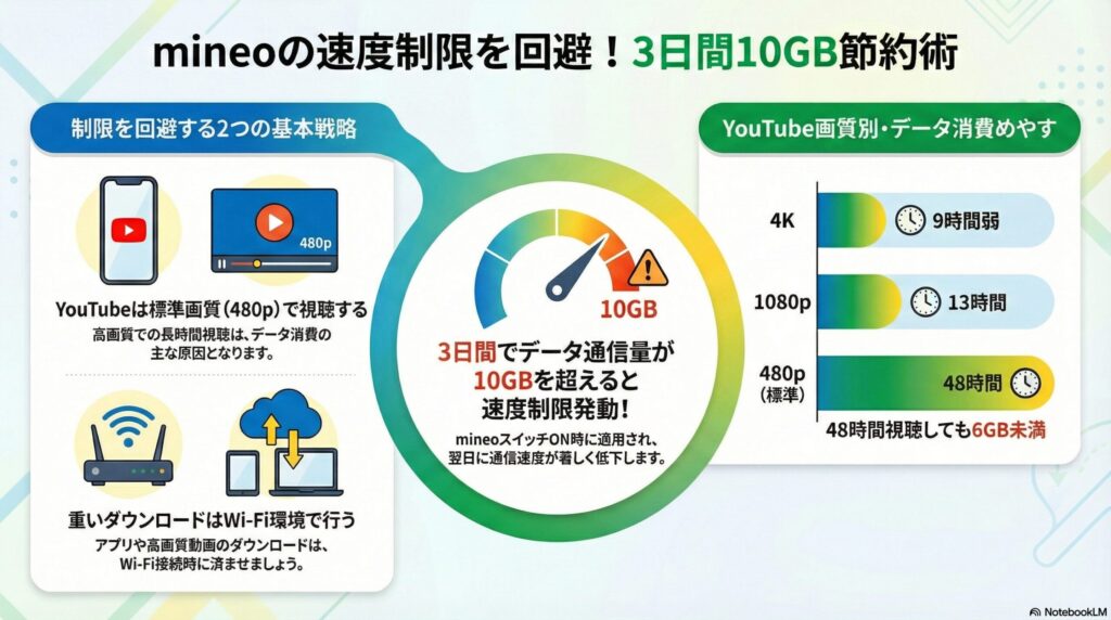 「mineoの速度制限を回避!3日間10GB節約術」と題された、速度制限の条件と対策を解説するインフォグラフィック画像。
速度制限の条件:
中央にスピードメーターのイラストがあり、「3日間でデータ通信量が10GBを超えると速度制限発動!」と大きく記載されている。
mineoスイッチON(節約モード中)であってもこのルールが適用され、超過した翌日は通信速度が著しく低下することが注意喚起されている。
制限を回避する2つの基本戦略:
画質設定: YouTubeは標準画質(480p)で視聴することを推奨。高画質での長時間視聴がデータ消費の主な原因であると説明されている。
Wi-Fi活用: アプリの更新や高画質動画のダウンロードなど、重い通信はWi-Fi環境で行うよう促している。
YouTube画質別・データ消費めやす(グラフ): 10GB制限に達するまでの視聴可能時間の目安が横棒グラフで示されている。
4K画質: 約9時間弱で10GBに到達。
1080p(高画質): 約13時間で10GBに到達。
480p(標準画質): 48時間視聴しても6GB未満に抑えられることが示されており、標準画質の圧倒的な節約効果が可視化されている。